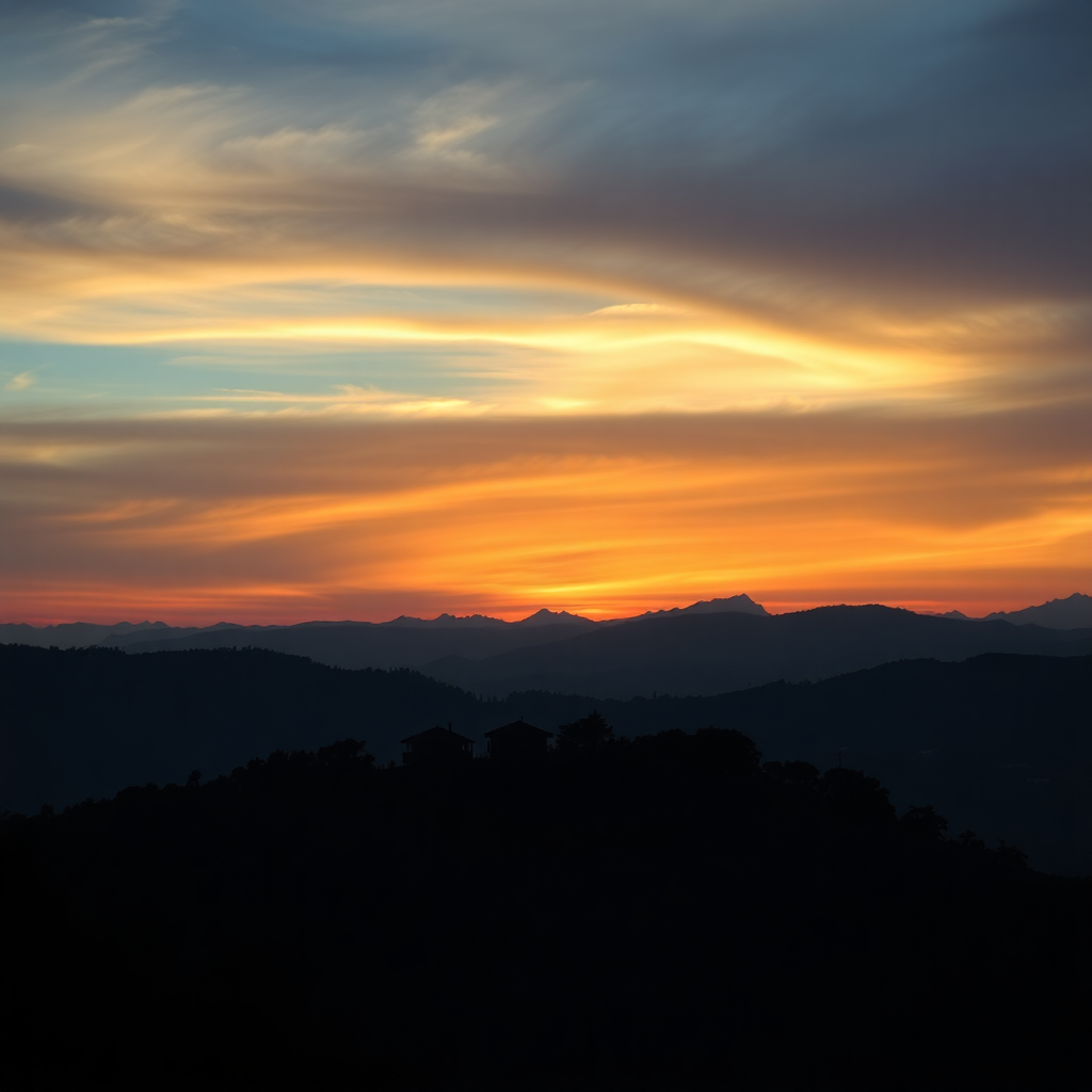 sunset over Murree hills with silhouette of luxury cottages, golden hour, dramatic sky, cinematic photography