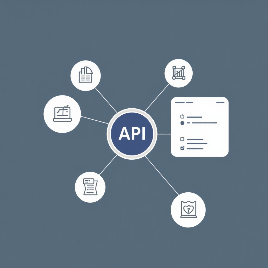API integration diagram showing connected systems, data flow, modern tech architecture visualization