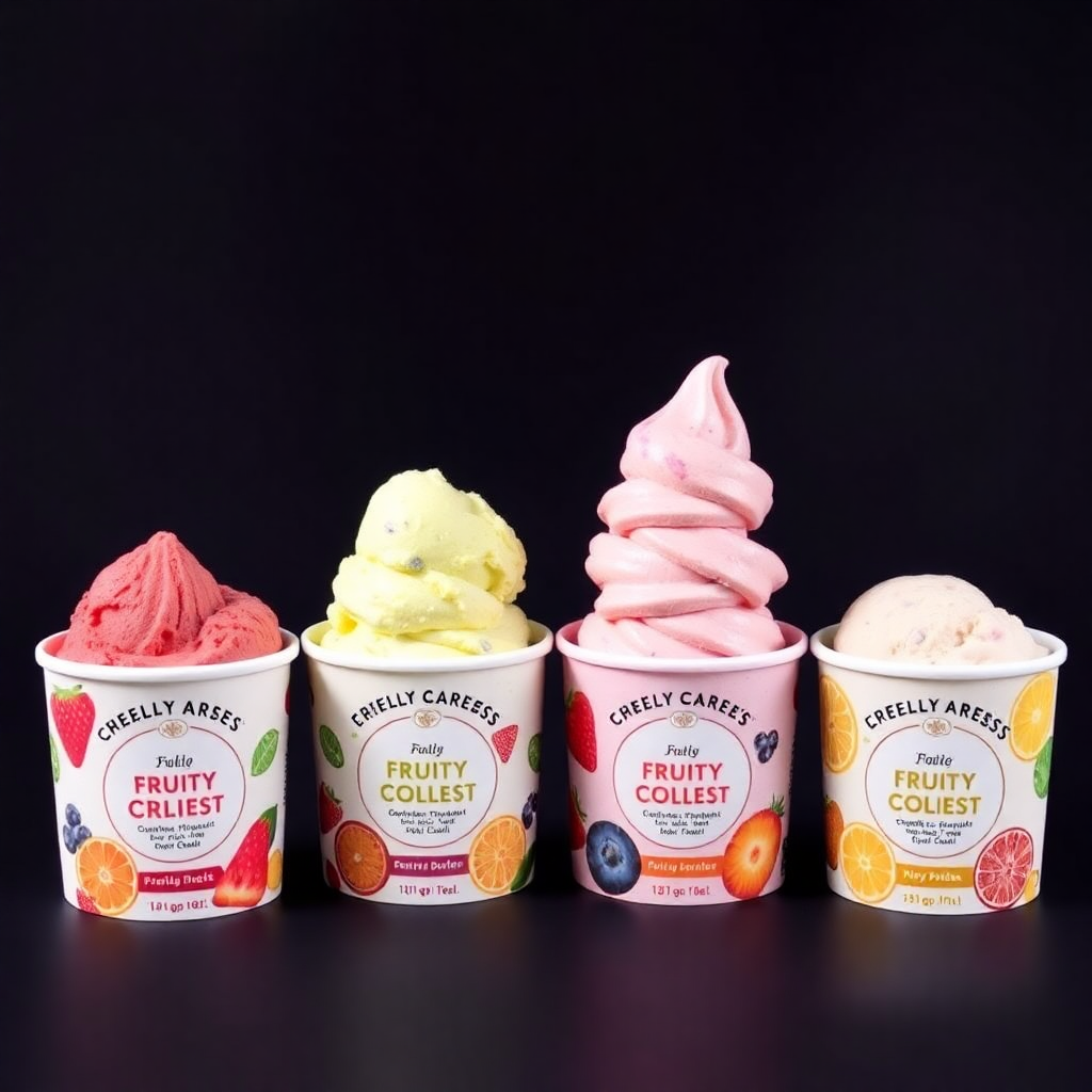 four artisanal ice cream pints with colorful lids, assorted fruity flavors