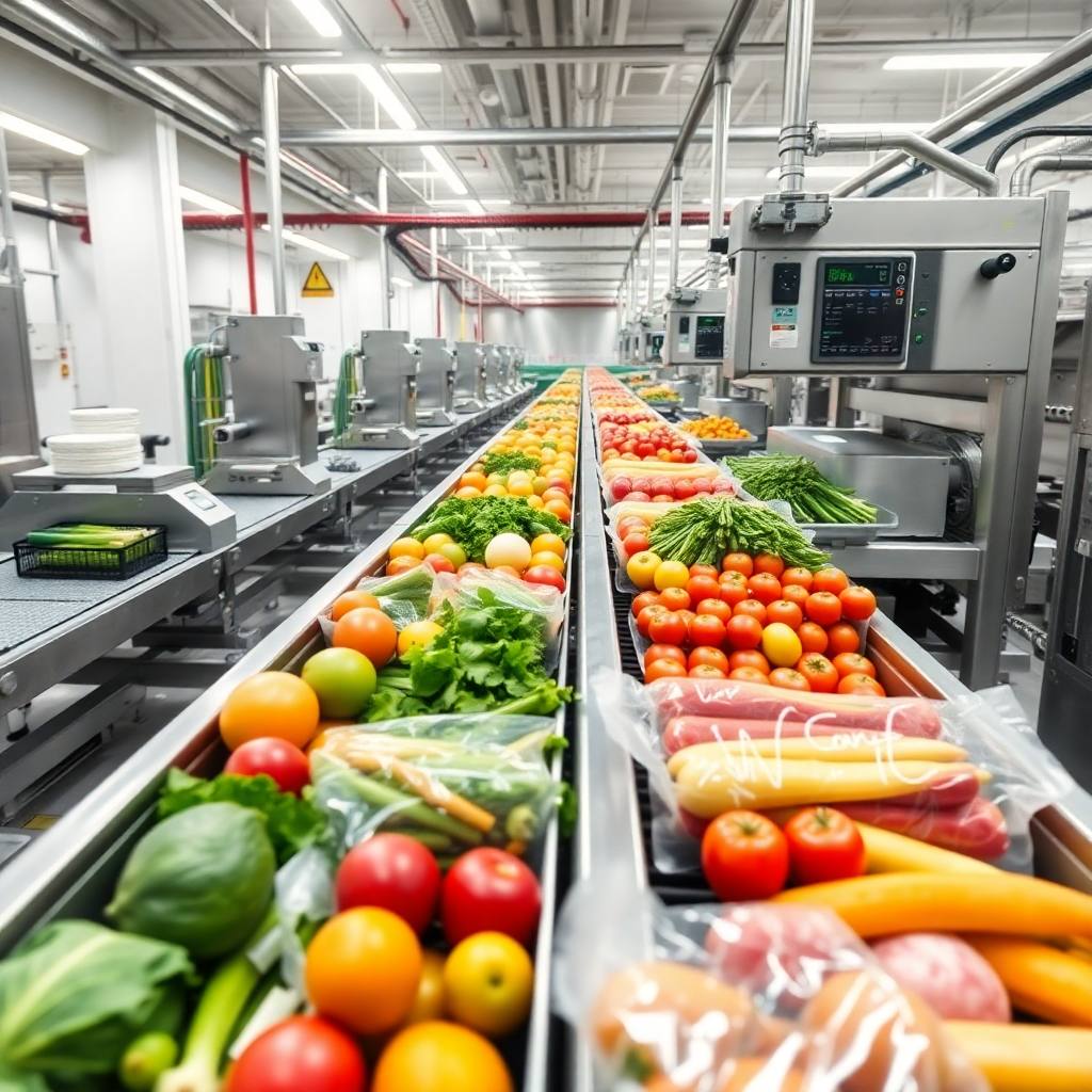 modern food processing facility with conveyor systems, fresh fruits and vegetables being processed, automated packaging line, agricultural produce, clean industrial environment, professional photography