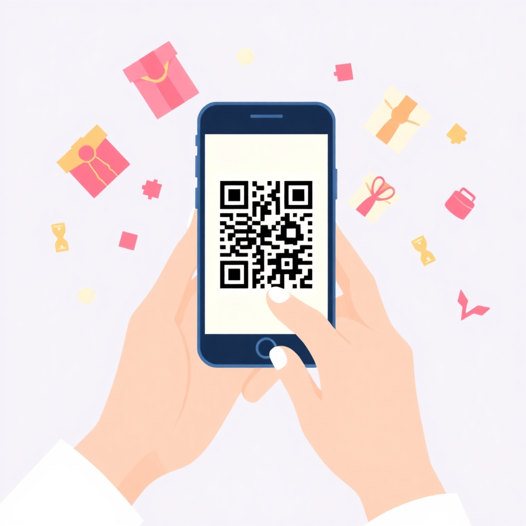 person scanning QR code on smartphone with colorful rewards floating around, modern illustration style