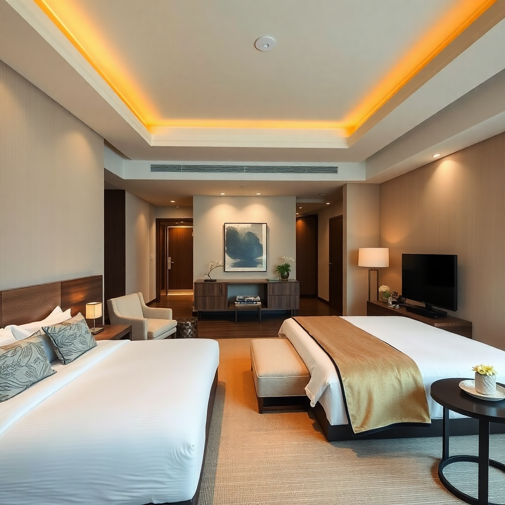 A wide shot of a luxurious hotel bedroom with a large bed, elegant furniture, and ambient lighting. Wabi-sabi interior design, cozy and inviting.