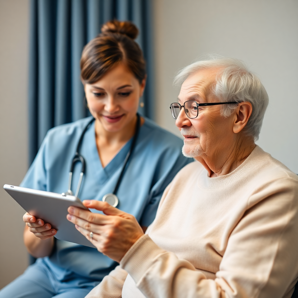 elderly patient with healthcare provider using cognitive assessment tablet, clinical setting, caring interaction