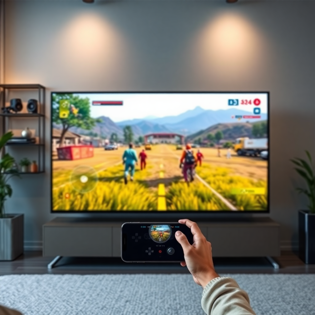 smartphone gaming on large TV screen with ultra-low latency display, modern gaming setup