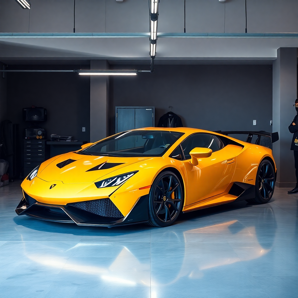 luxury sports car being detailed in modern garage with professional lighting