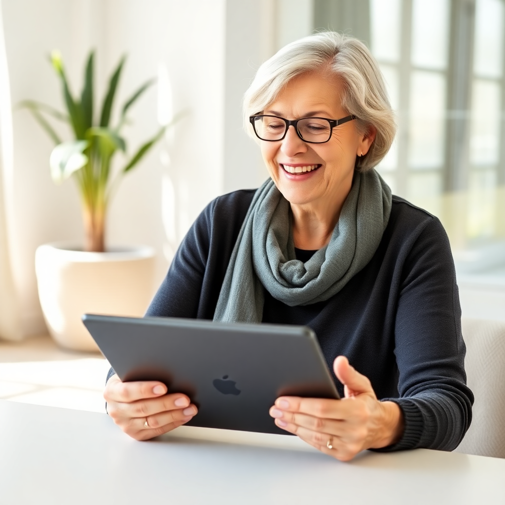 senior woman doing gentle exercise with a tablet, smiling, bright and cheerful setting, high quality photograph