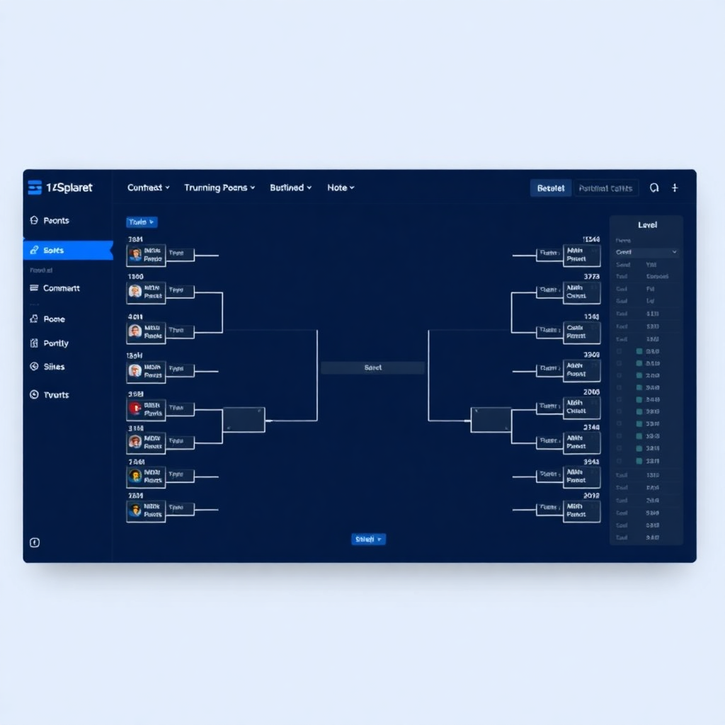 modern tournament management dashboard interface with navy blue accents, clean design, sports tournament bracket display