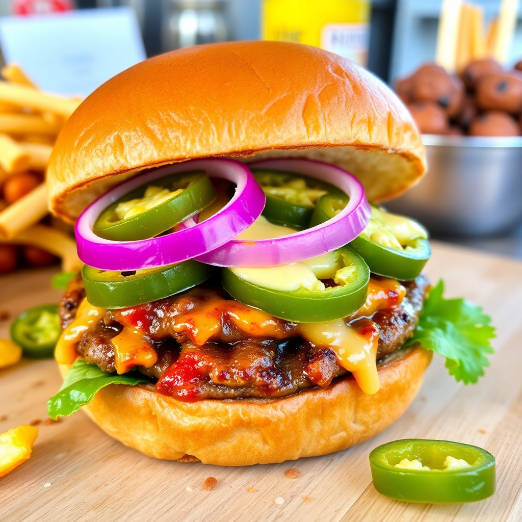 Spicy jalapeno burger with pepper jack cheese and red onion, appetizing food photo