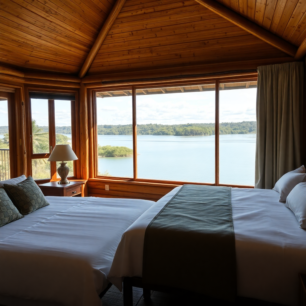 Luxury suite room with panoramic lake view in Paraguay, tropical lagoon, rustic wooden interior, large windows, natural light, eco lodge style, peaceful water landscape