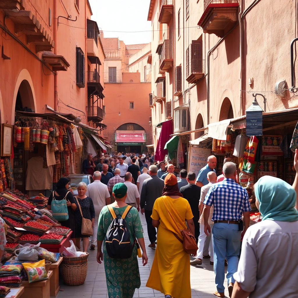 marrakech medina with traditional market and people, vibrant colors, professional travel photography
