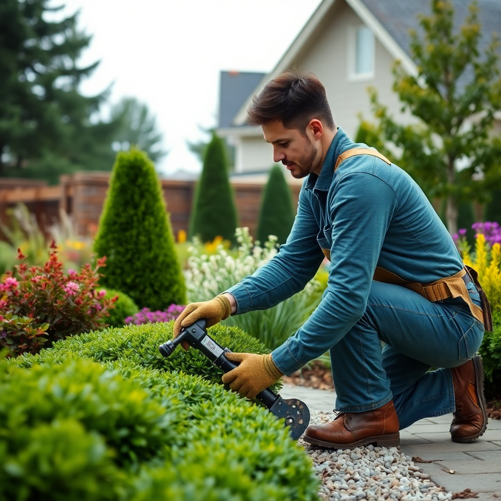 landscaper working in beautiful garden, professional landscaping service, high quality
