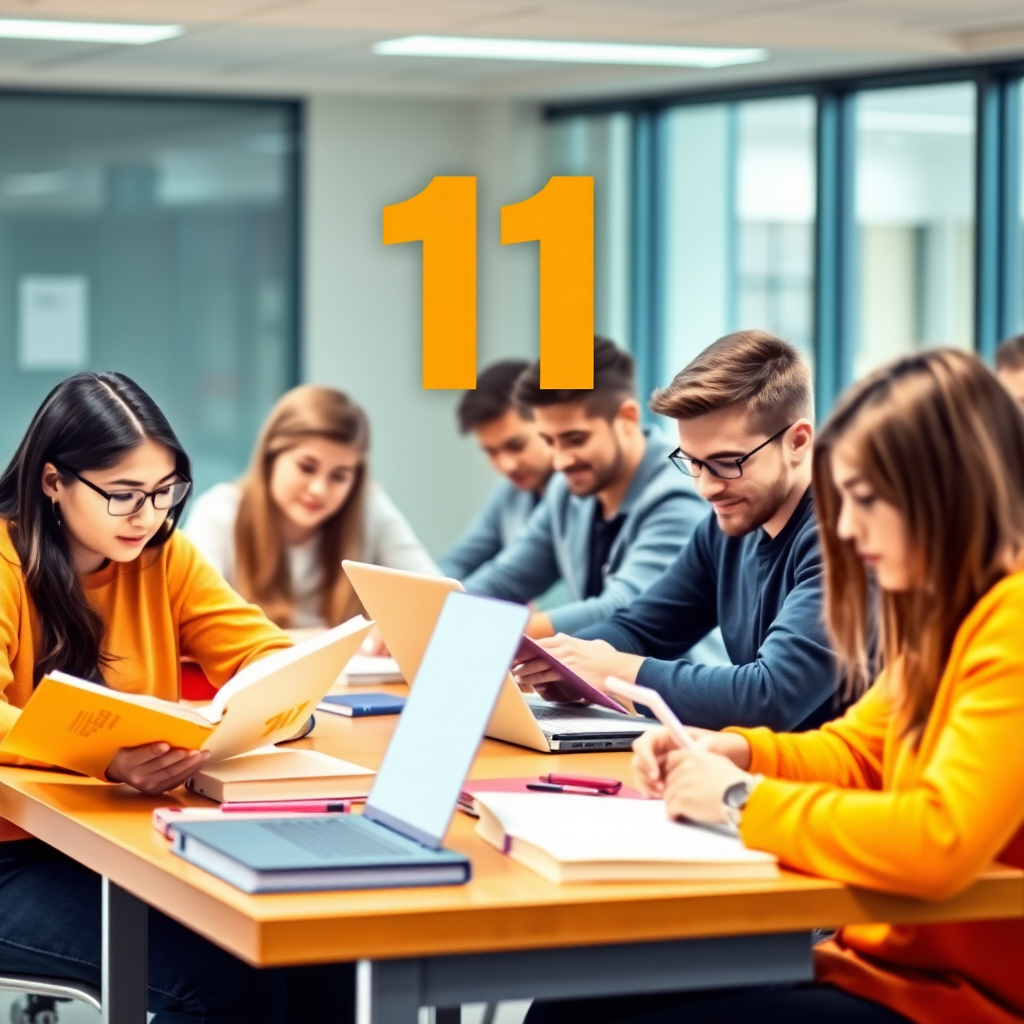 Grade 11 students studying with books and laptops, 11 highlighted prominently, diverse group, modern classroom
