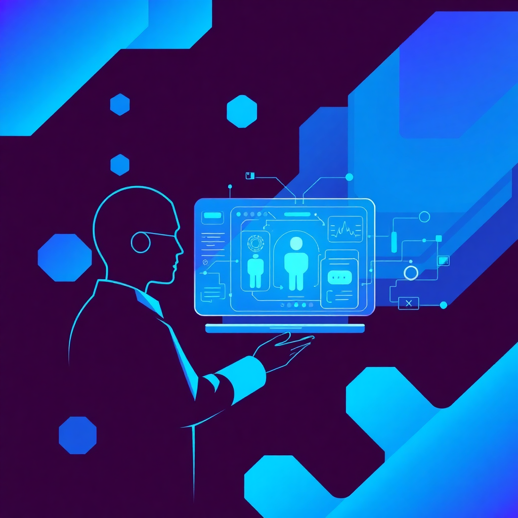 modern abstract illustration showing collaboration between AI systems and humans, digital interface with human and AI agents working together, futuristic, professional, blue and purple tones