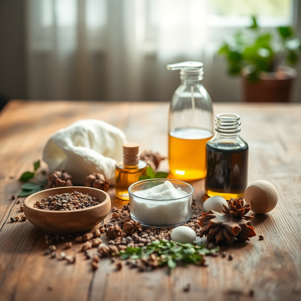 natural herbs and botanical elements arranged on wooden table with soft lighting, earthy tones, sustainable skincare ingredients
