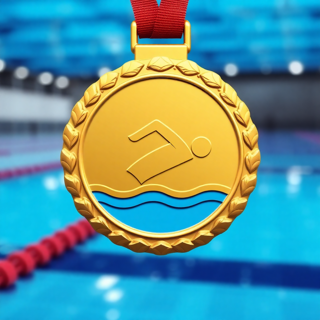 gold swimming badge, gold medal, swimming achievement award