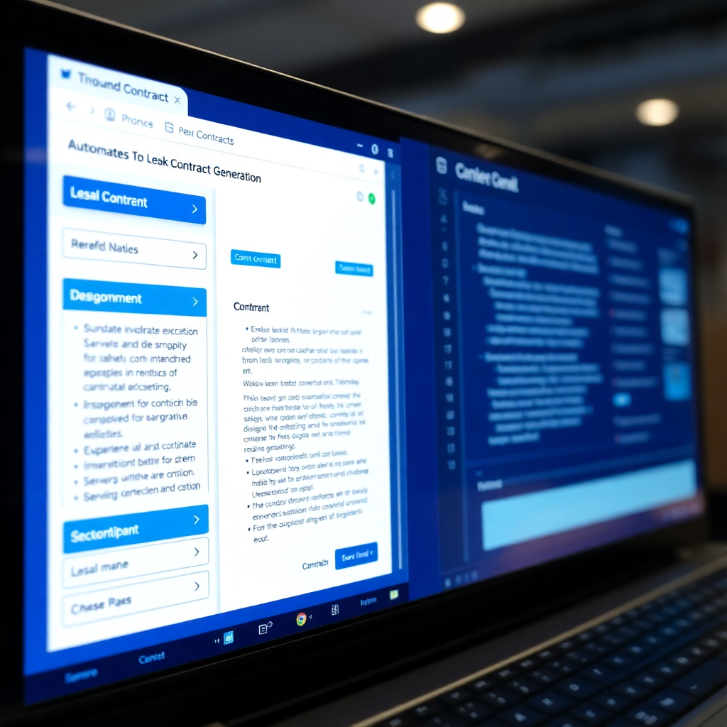 automated contract generation interface, legal documents being created, professional legal tech platform with blue color scheme