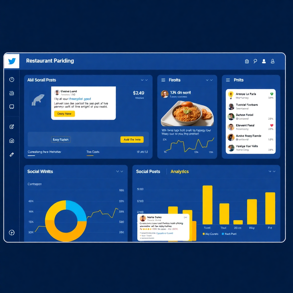 restaurant marketing dashboard showing AI generated SMS campaigns and social media posts with analytics, modern UI with blue and yellow accents