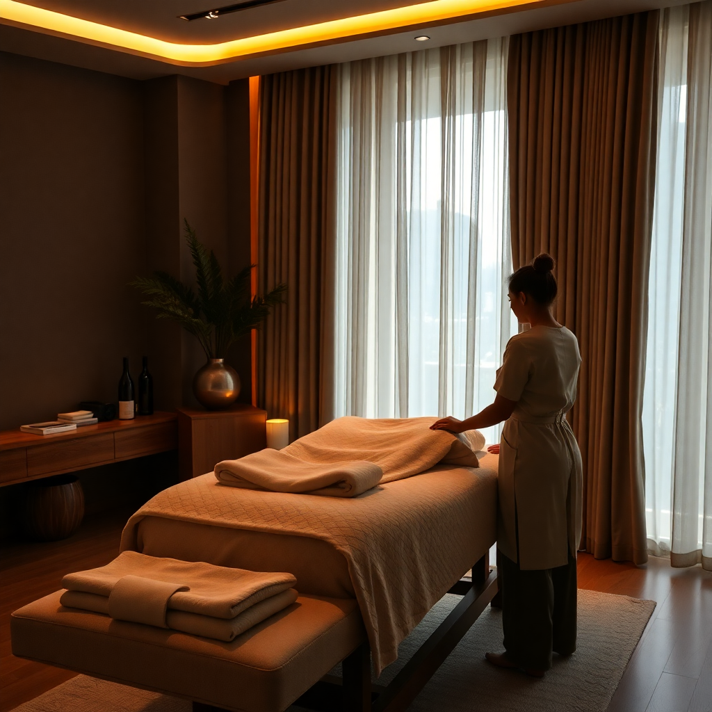 professional massage therapist setting up in luxury home, cinematic lighting