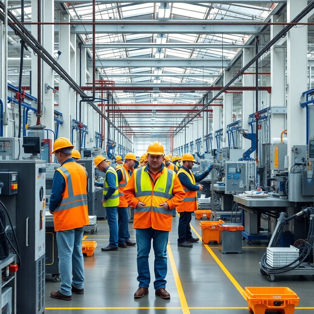 busy modern factory floor with workers in safety gear