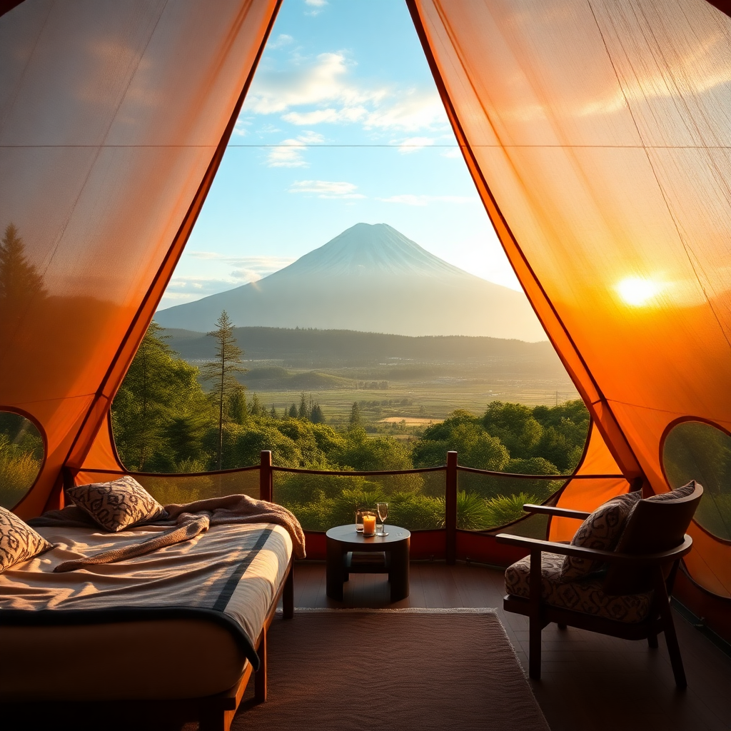 luxury glamping tent with mount fuji view, scenic nature resort