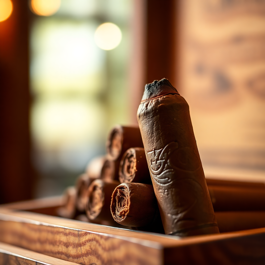 Close up of premium hand rolled cigars in a cedar box.
