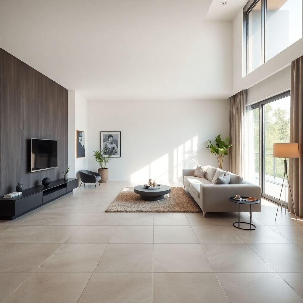 contemporary living room with large format tiles, minimalist furniture, natural light