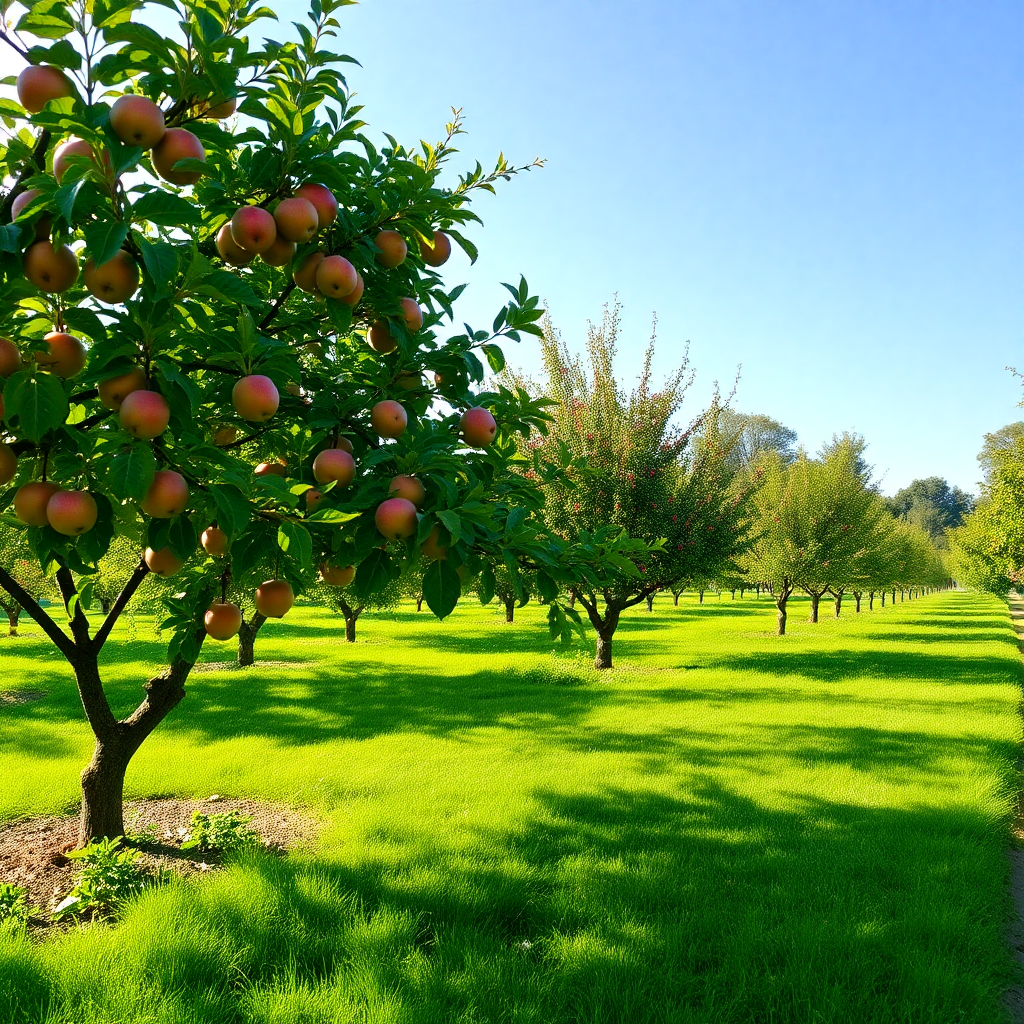 beautiful orchard garden with fruit trees, apple and pear trees, lush green grass, sunny day, vibrant colors, peaceful garden atmosphere