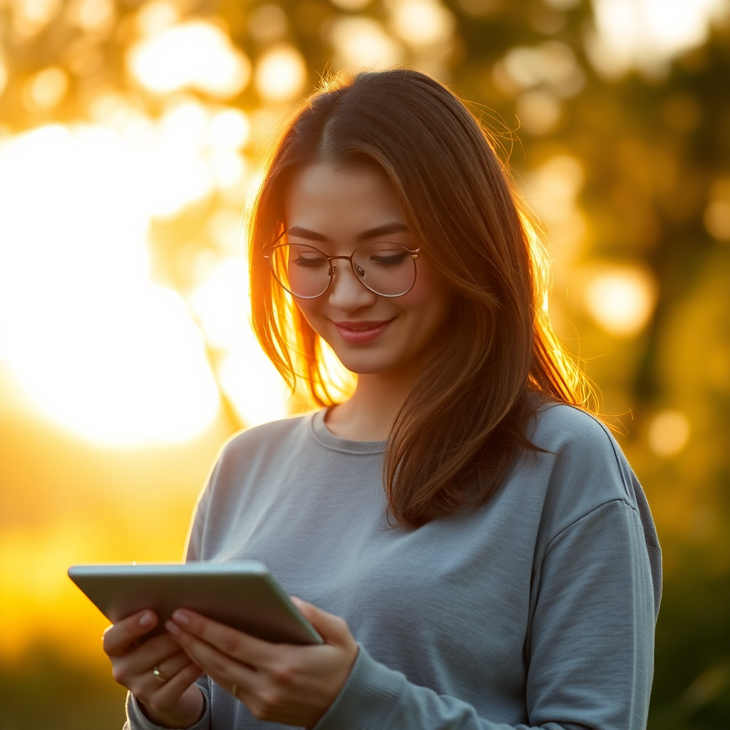 cinematic shot of a calm confident person standing in warm natural golden hour sunlight looking at a digital health tablet interface, soft focus background, natural lifestyle photography, serene atmosphere, high resolution
