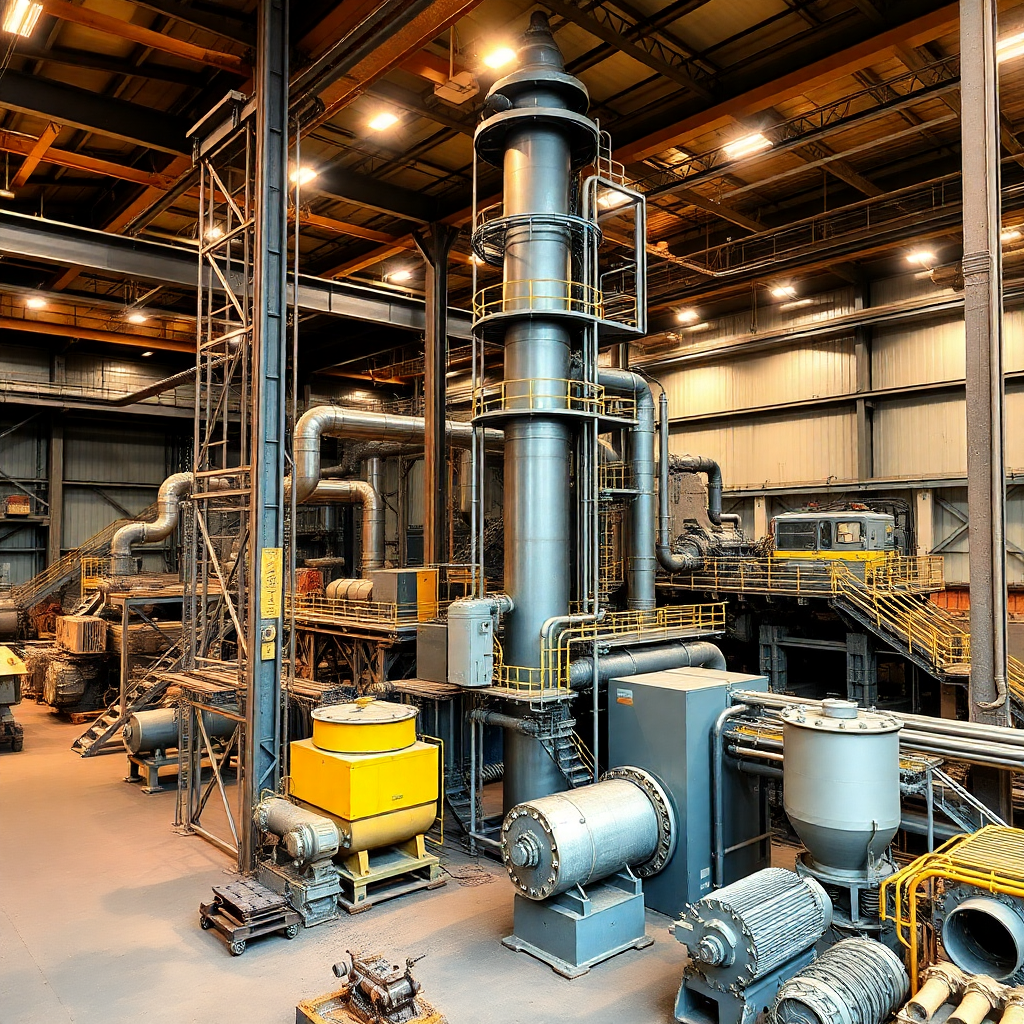 modern steel plant with integrated mining facility, industrial mining operations with processing equipment, metallurgical complex with extraction machinery