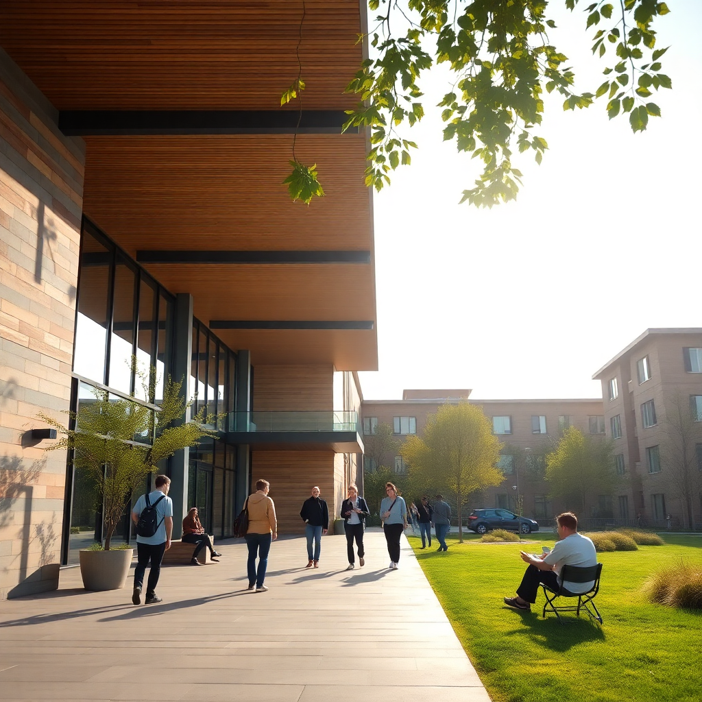 modern university campus with students studying outdoors, bright sunny day
