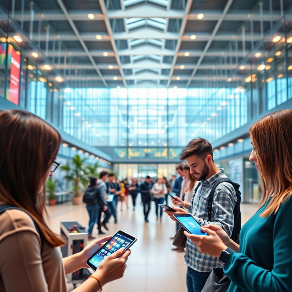 modern university campus with digital elements, students using smartphones and tablets, vibrant digital transformation concept