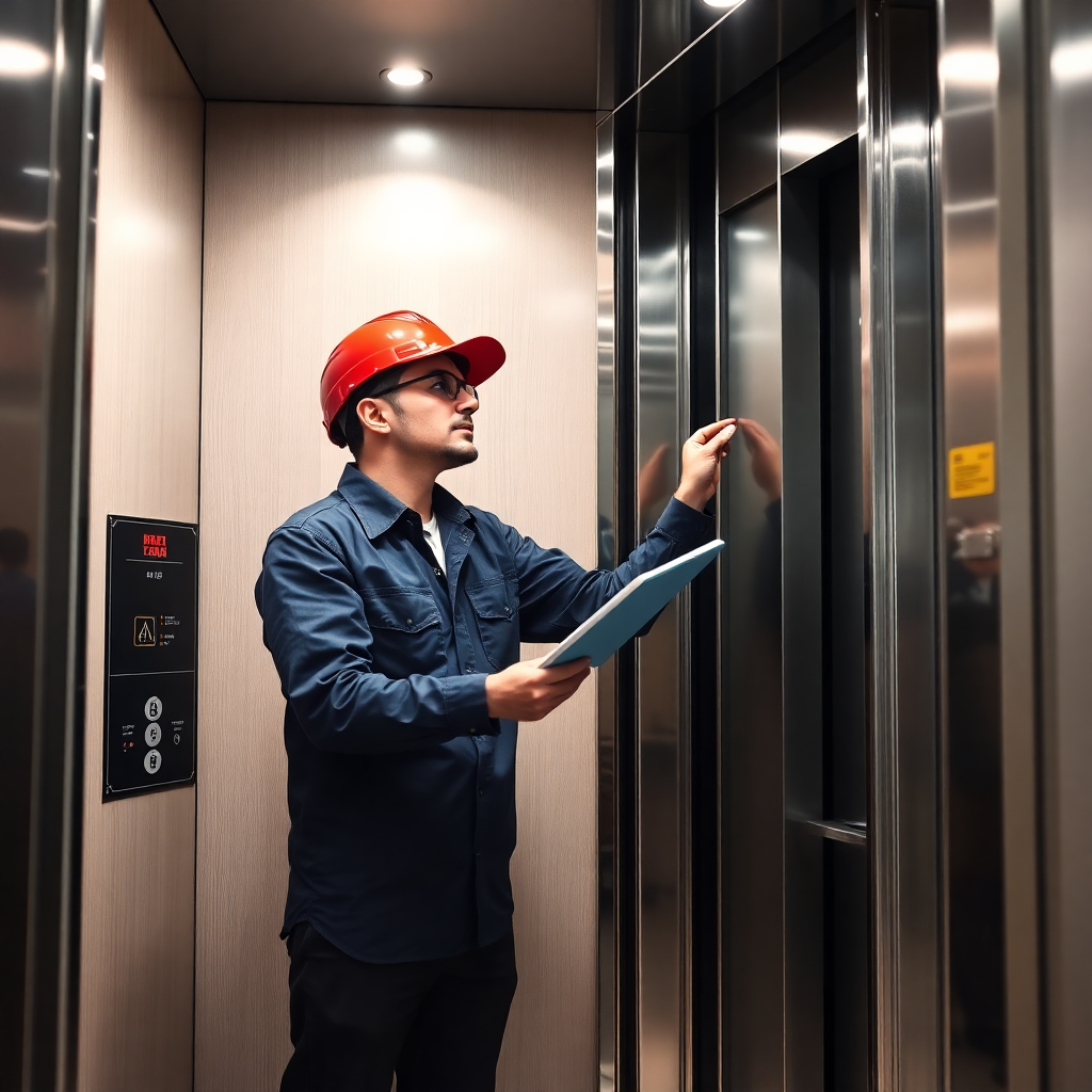 professional elevator maintenance technician inspecting modern elevator system, technical work, safety equipment, industrial setting, high quality
