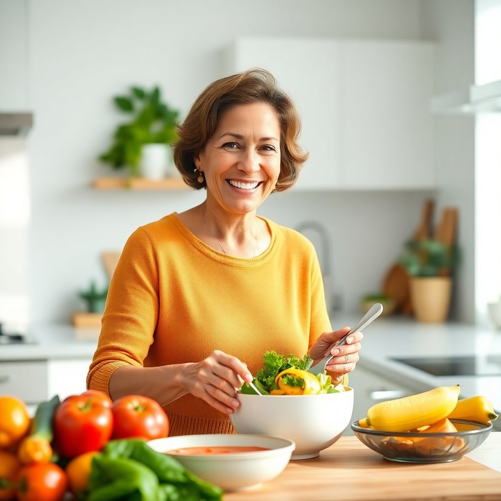 vibrant healthy woman age 48-52, diverse ethnicity, smiling, preparing a healthy meal in a bright modern kitchen, natural lighting, lifestyle photography