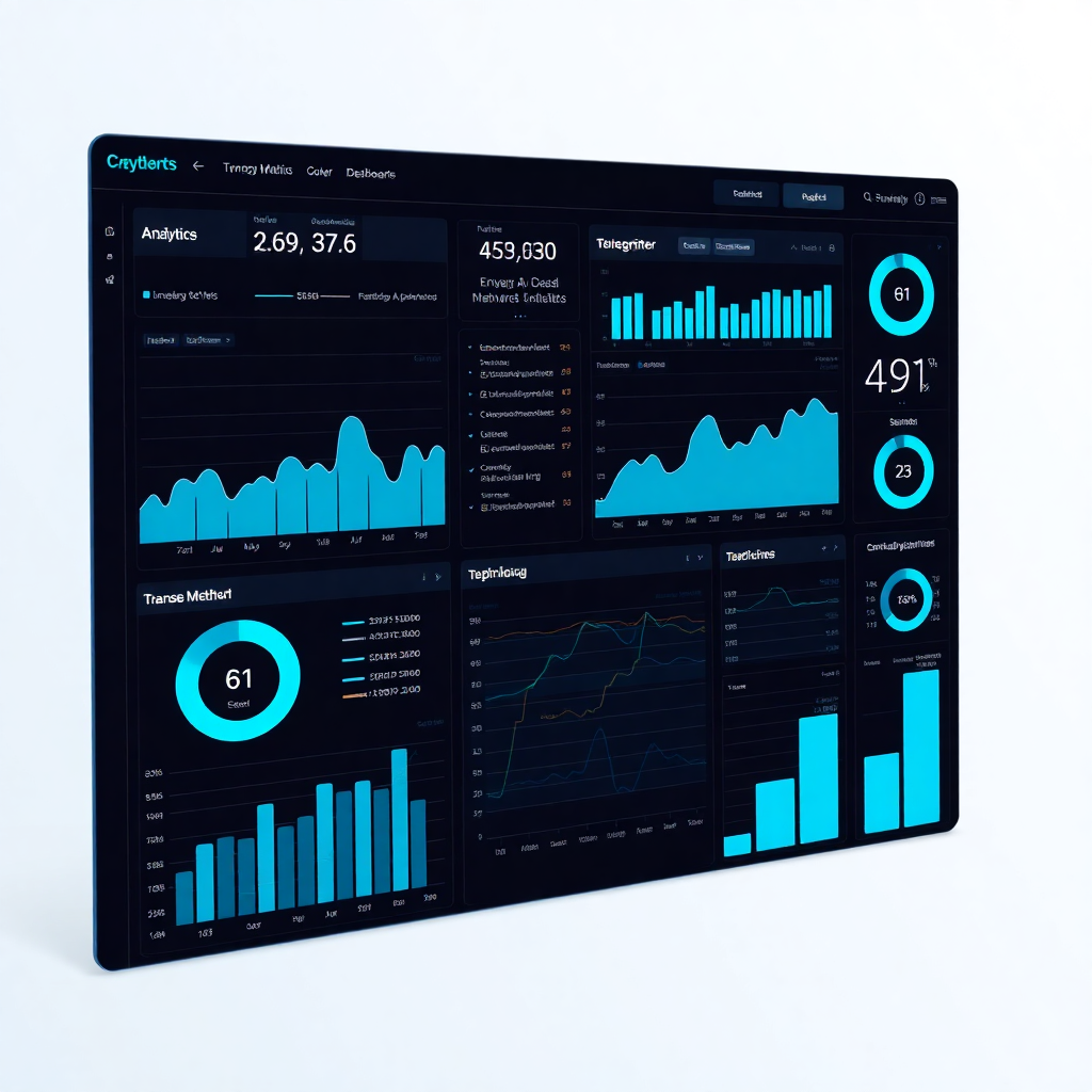 modern analytics dashboard showing transparent metrics, real-time data visualization, clean interface with charts and graphs, blue and cyan colors