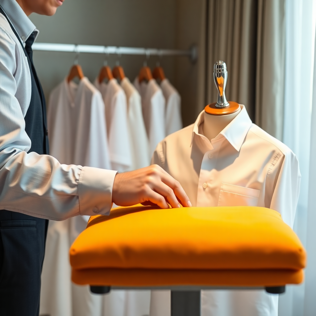 luxury laundry service, professional pressing, clean white shirts, premium dry cleaning, hotel service