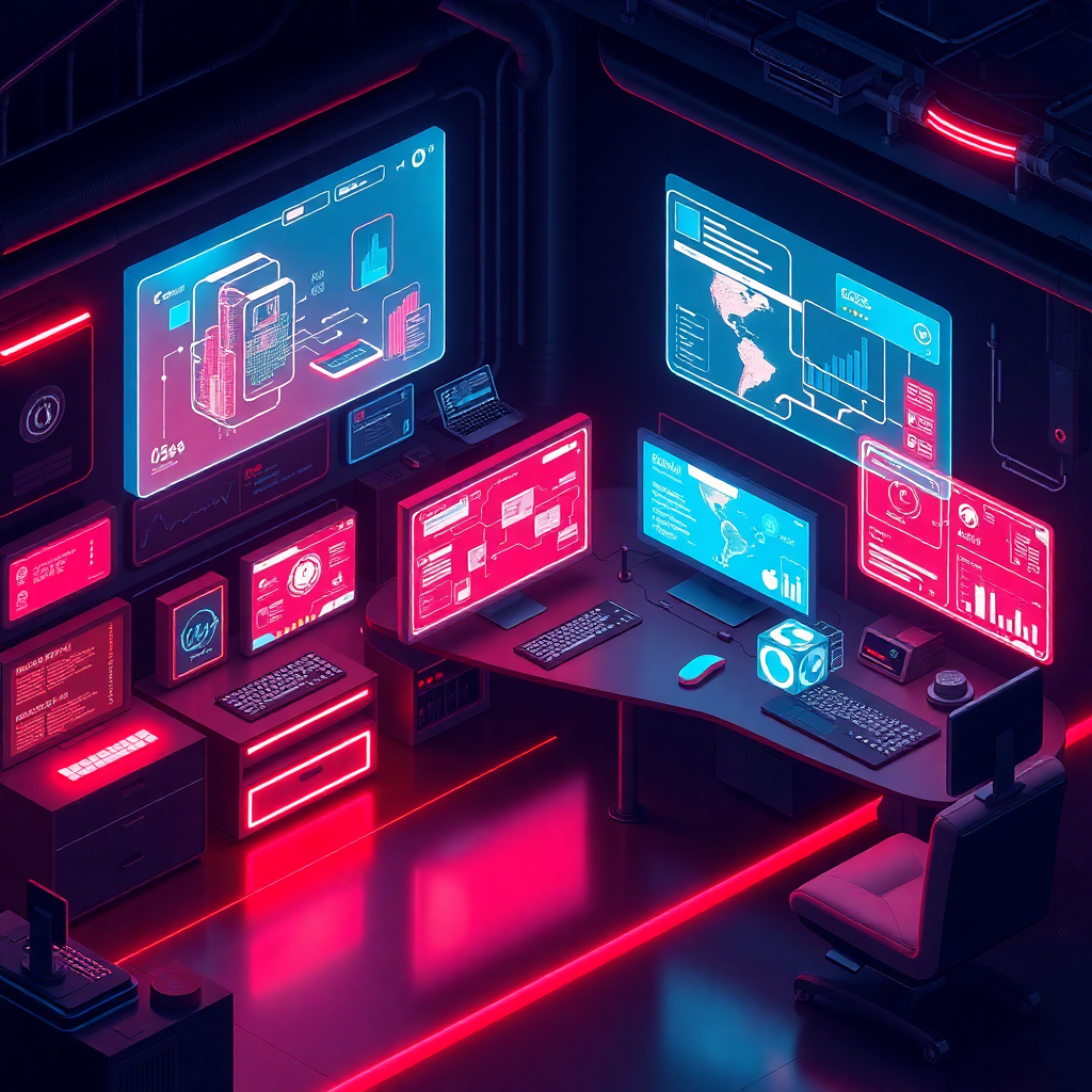 futuristic digital workspace illustration with glowing screens, holographic interfaces, modern tech environment, dark navy and red color scheme, isometric view, high quality digital art