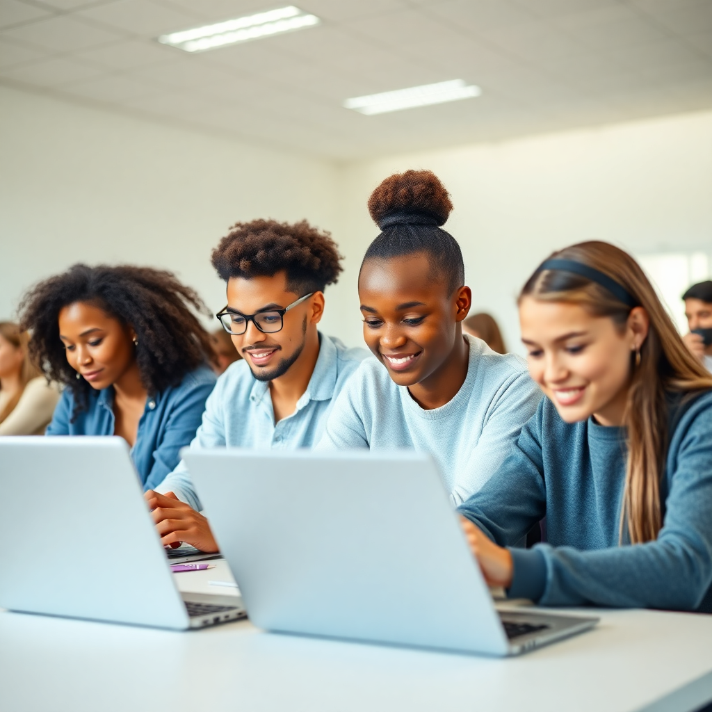 young diverse students in a modern classroom studying with laptops, bright lighting, academic focus, realistic photography
