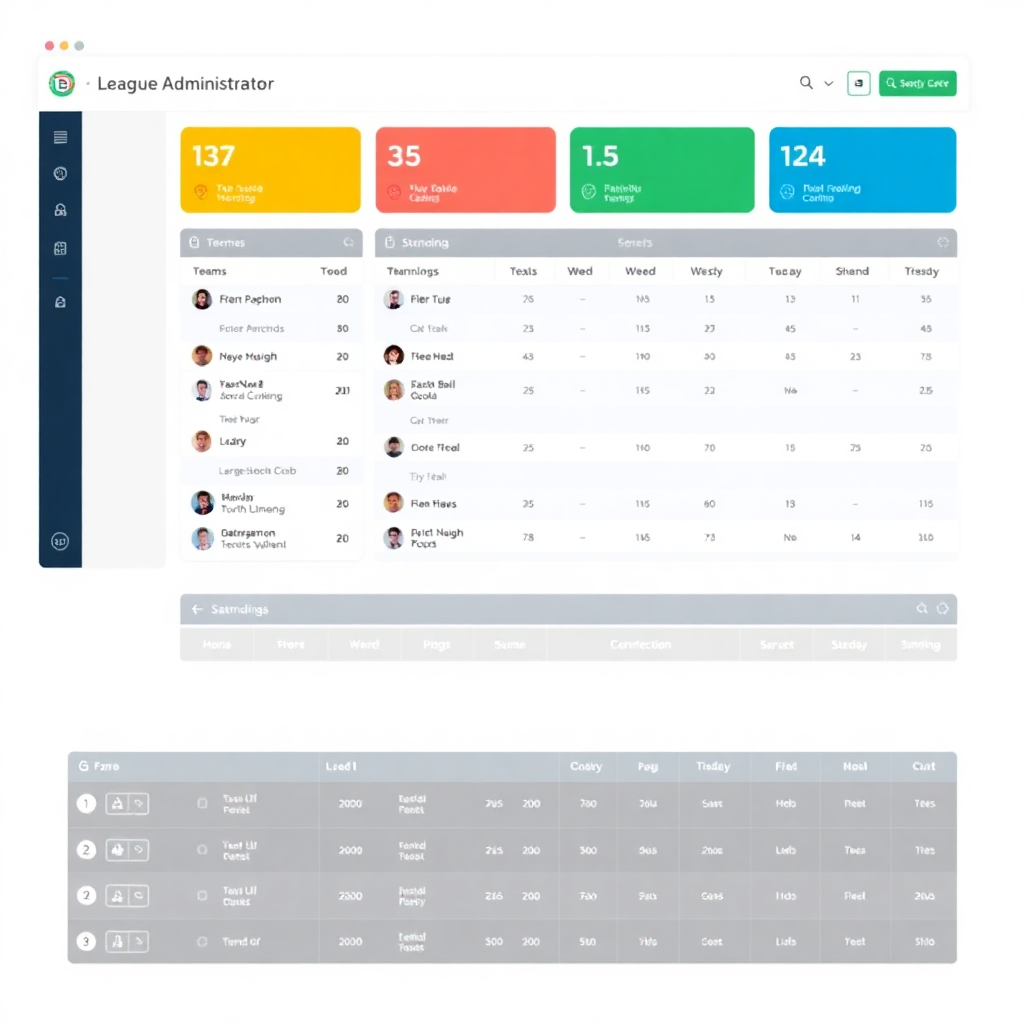 league administrator dashboard interface showing team management, schedules and standings overview, modern clean design