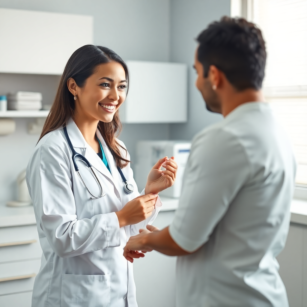 Laboratorio médico limpio con personal atendiendo paciente