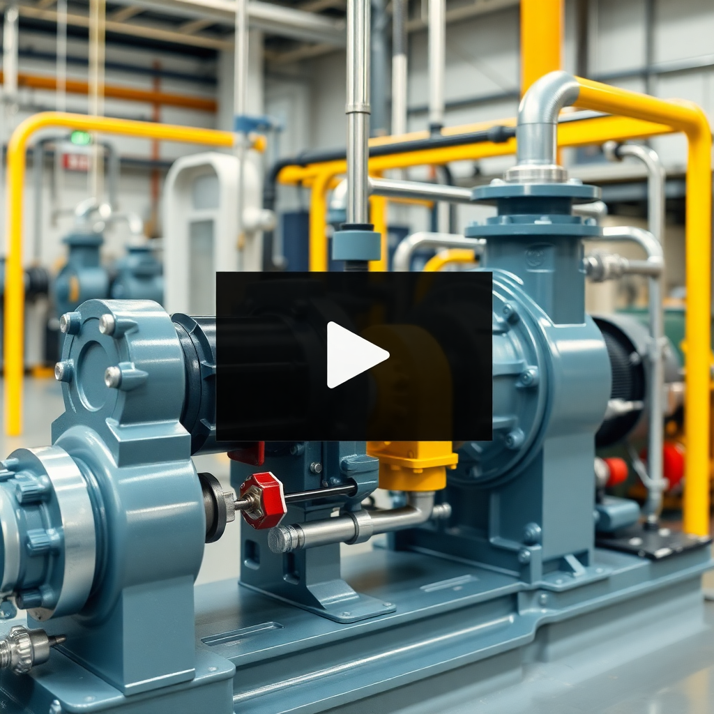 industrial pump machinery in technical training video frame, clean professional educational style