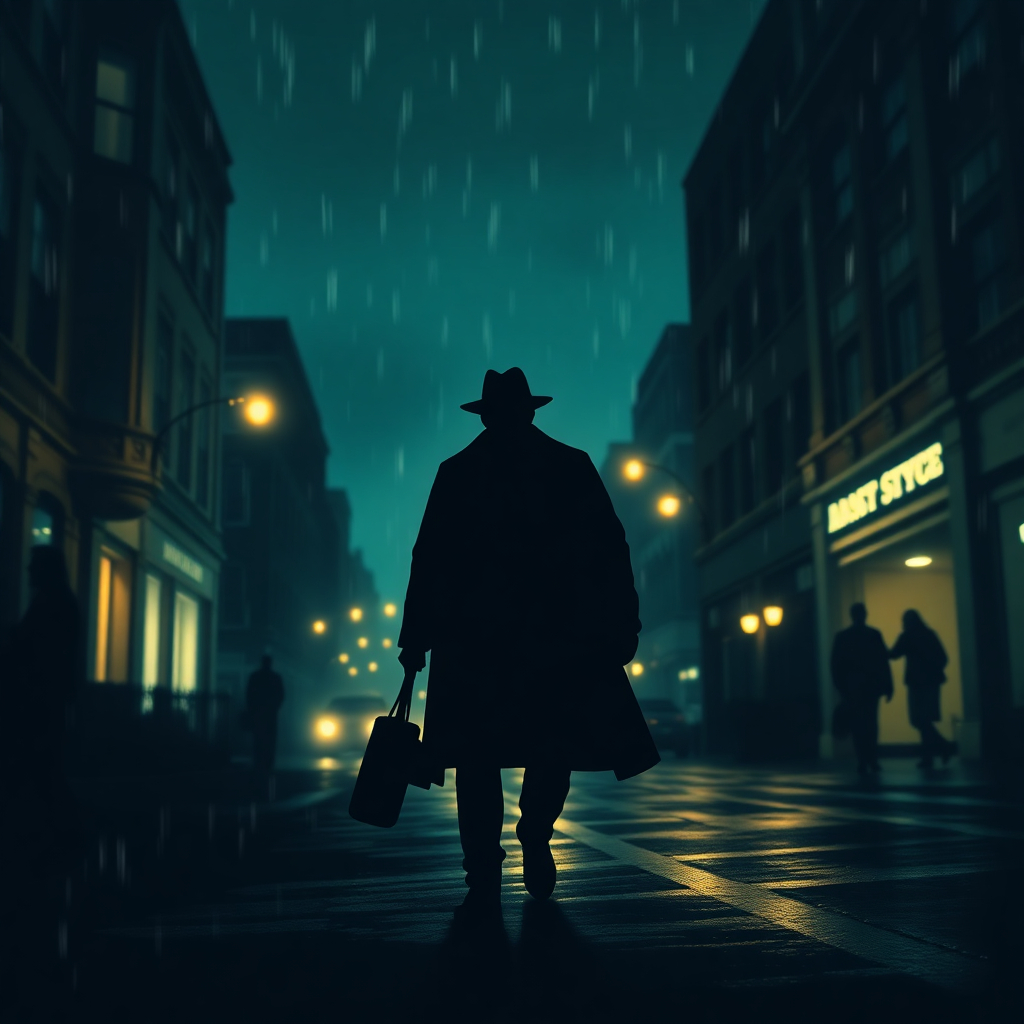 detective movie poster, silhouette, rainy street