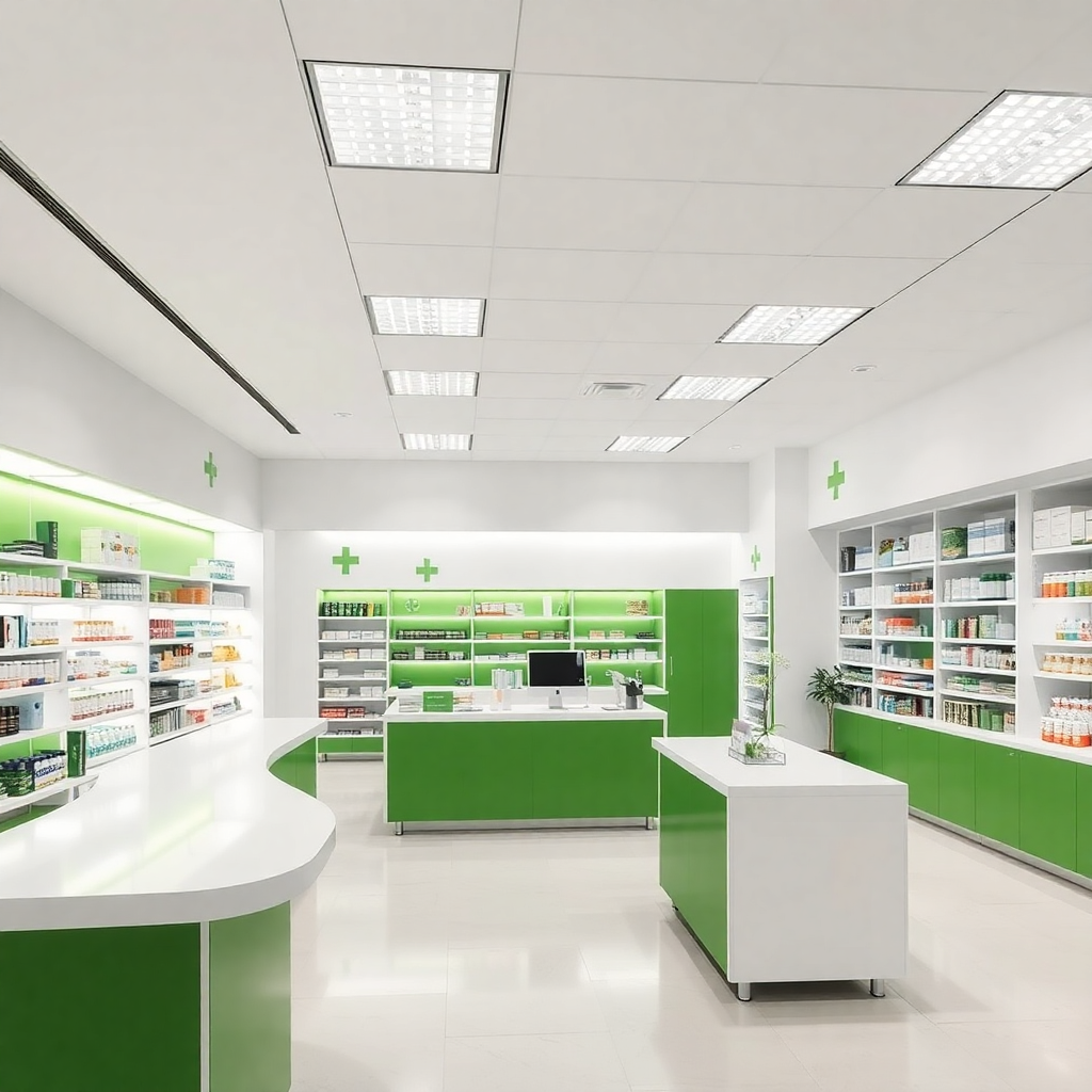 health plus pharmacy interior, modern white and green design