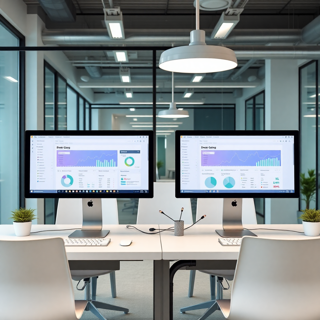 modern office setup with computers displaying Odoo dashboard, professional business environment, clean minimal style