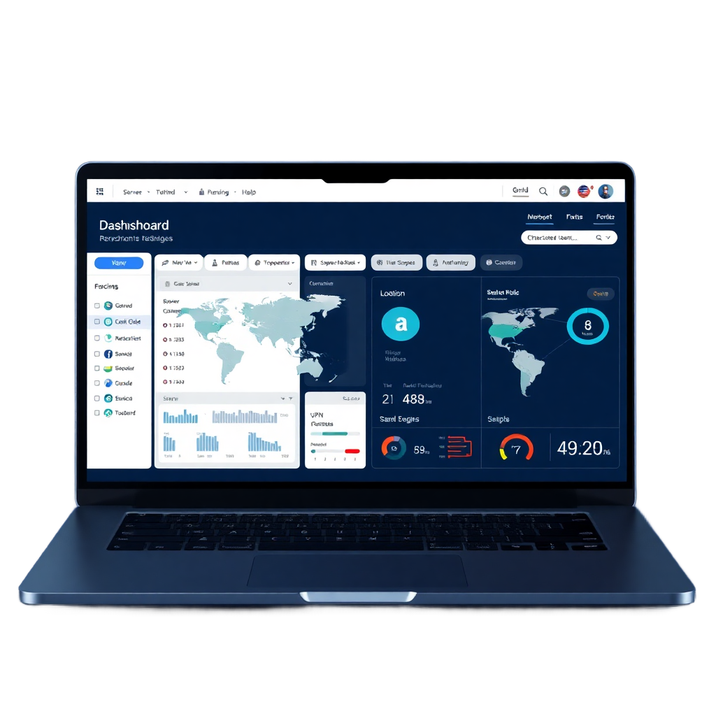 dark modern laptop computer showing VPN interface dashboard with server locations map, connection status, security metrics, network speed indicators, encrypted tunnel visualization, professional technical UI design