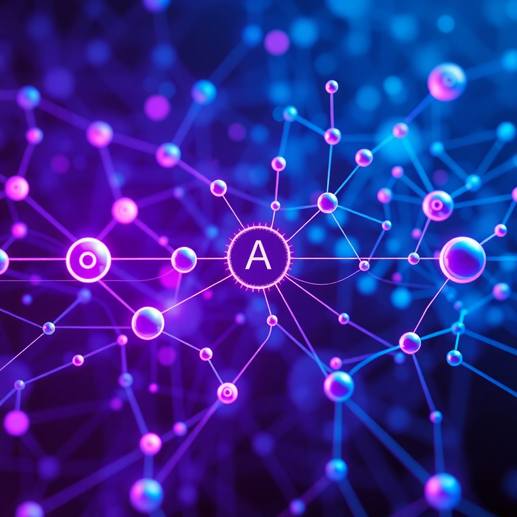 Abstract visualization of AI neural network with connected nodes, data flows, and automated testing processes in vibrant blue and purple colors