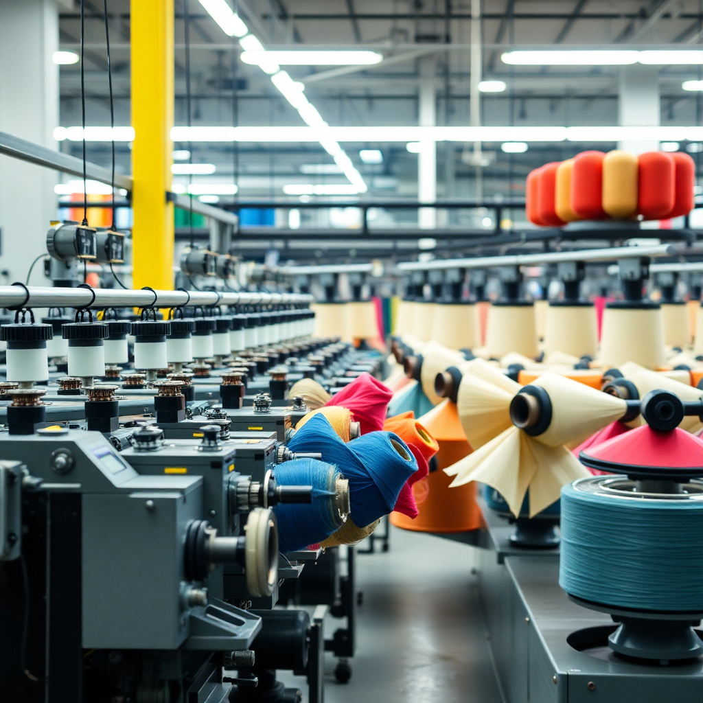 modern textile manufacturing facility with spinning machines and colorful yarn production, industrial textile factory with technical fabrics