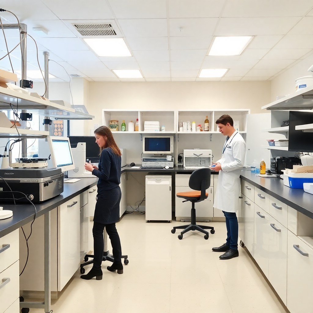 university laboratory with modern equipment and researchers working on asset management