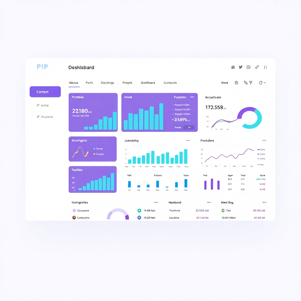 modern b2b dashboard interface with data visualization, clean white background, purple and teal accents, charts and data tables, high quality UI design