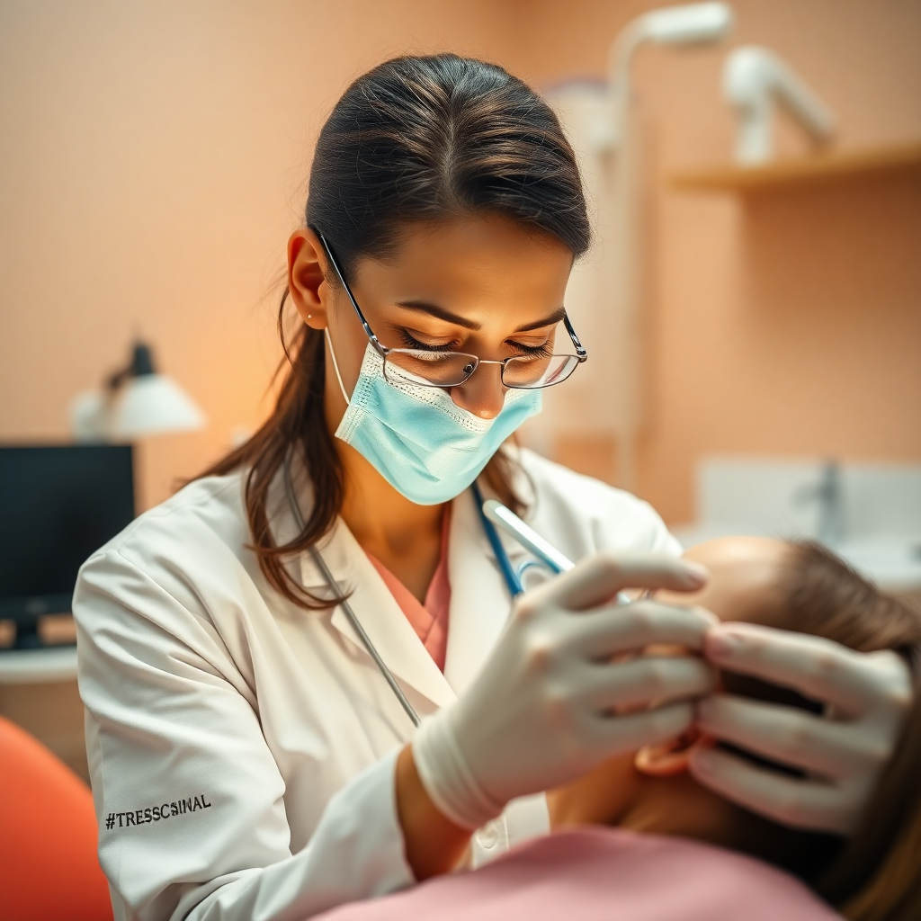 smiling dentist examining patient, warm lighting, modern dental office with beige and salmon color scheme