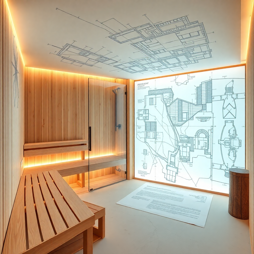 architectural blueprint and custom designed luxury modern sauna interior